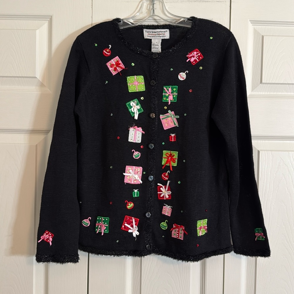 Christmas Sweater by Tiara International Women’s L Cardigan Sparkle Gifts.  G1
